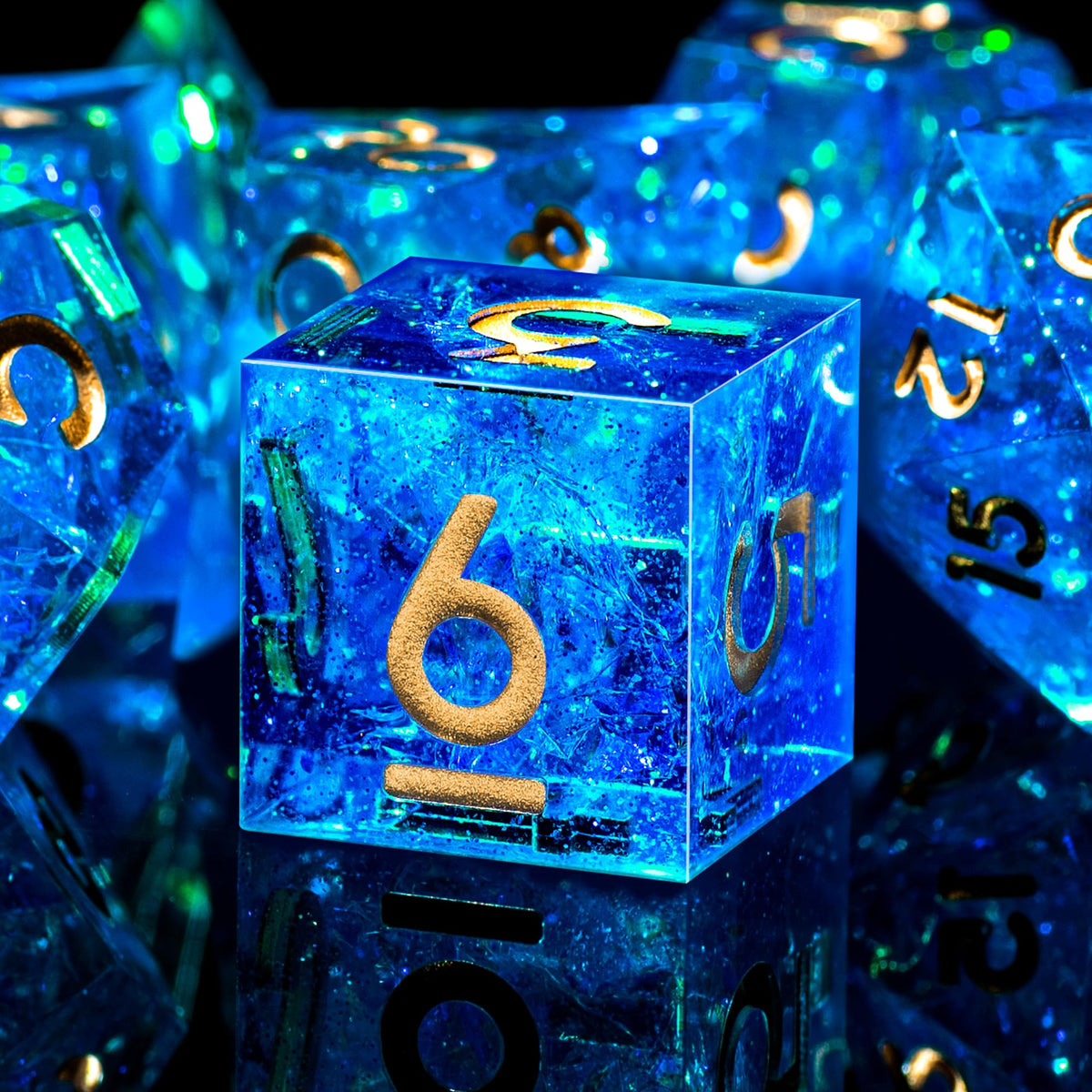 AUSTOR 7-Die DND dice in blue and gold displayed in a foam-lined metal box.
