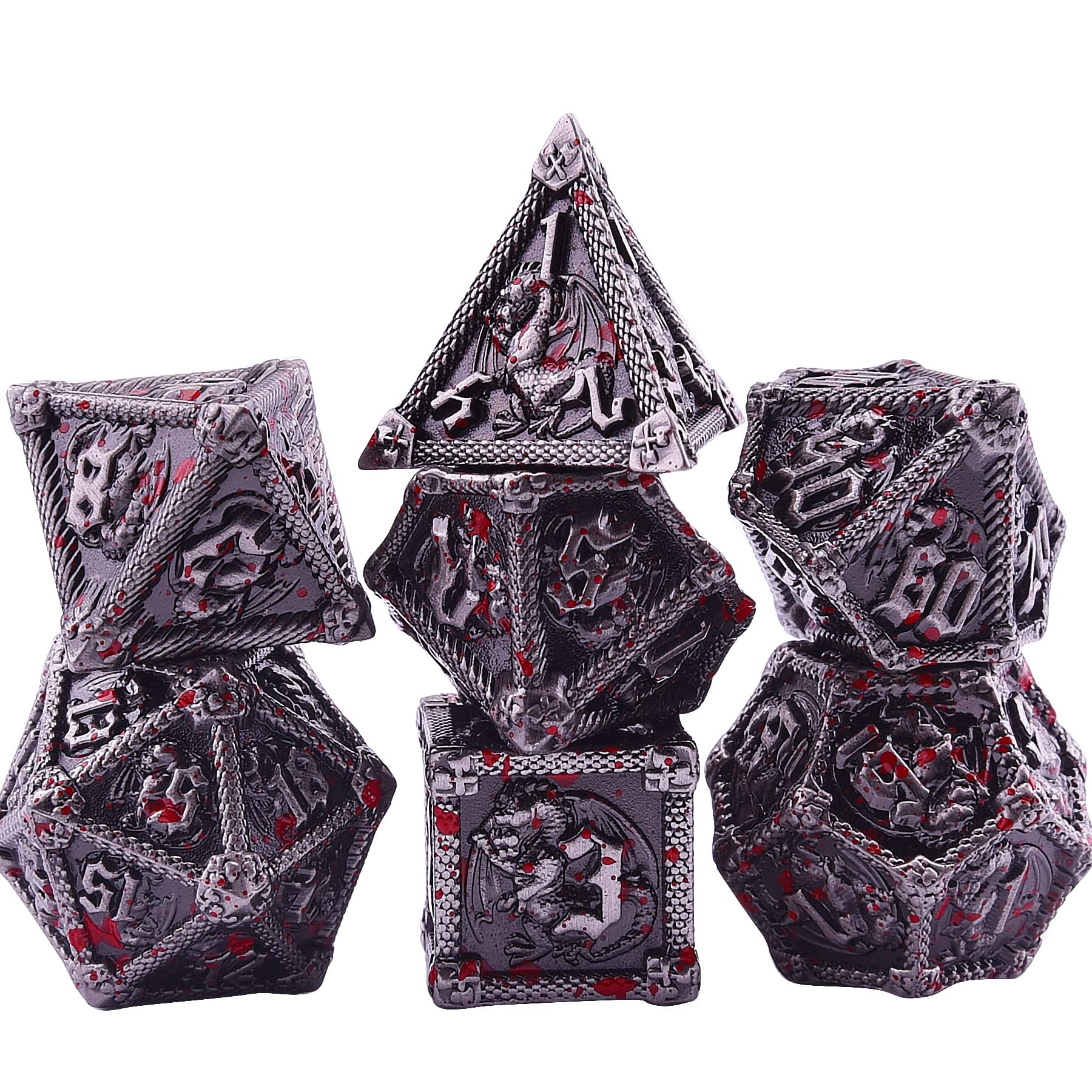 AUSTOR antique iron dice with blood spatter design for dramatic sessions.