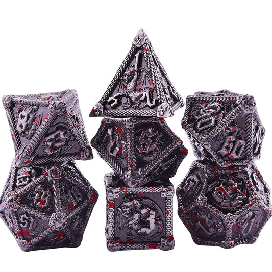 AUSTOR antique iron dice with blood spatter design for dramatic sessions.