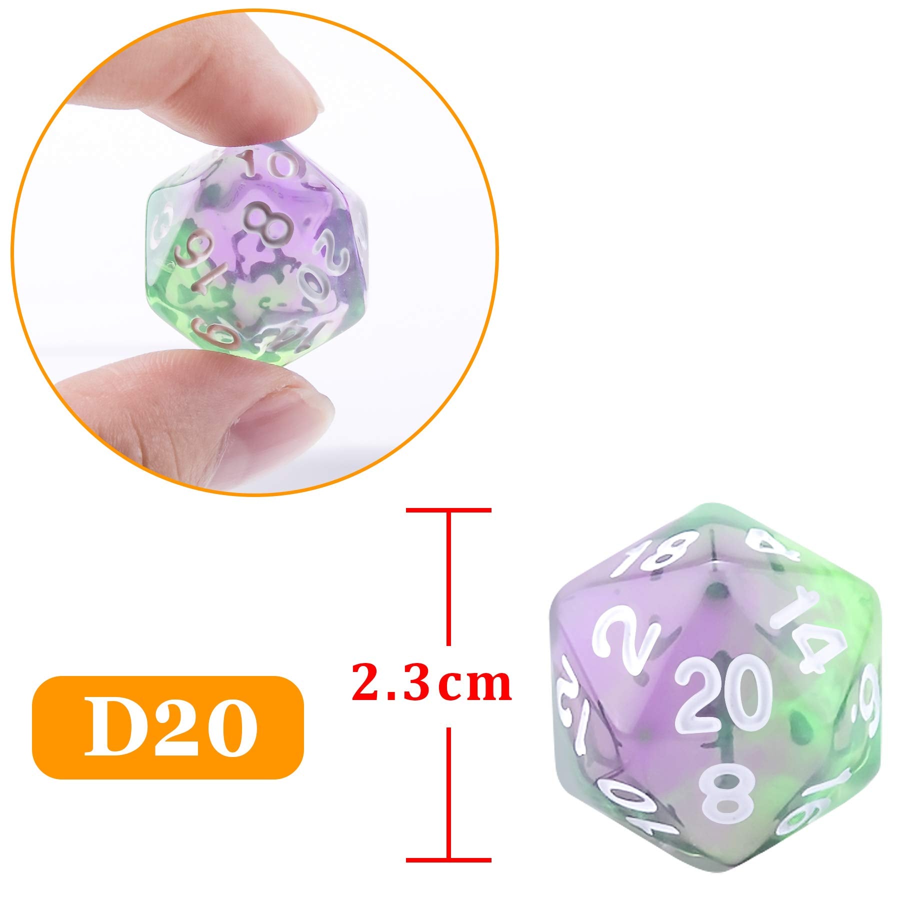 AUSTOR D20 dice inside black velvet pouch for organized travel.