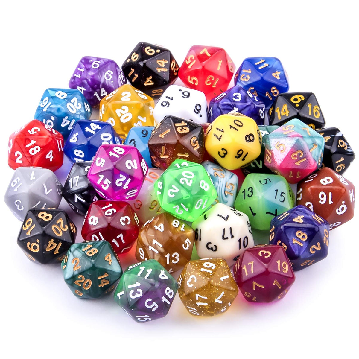 AUSTOR D20 dice set in random colors for tabletop RPG play.