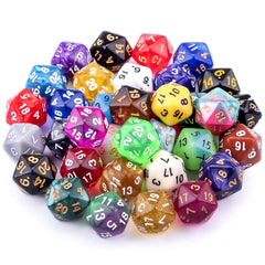 AUSTOR D20 dice set in random colors for tabletop RPG play.