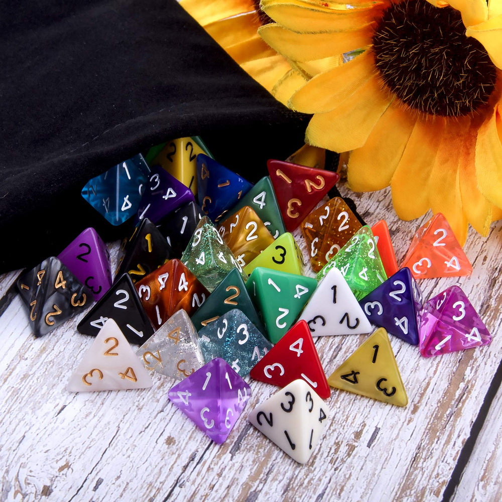 AUSTOR D4 dice display colorful finishes, demonstrating durability and color variety.