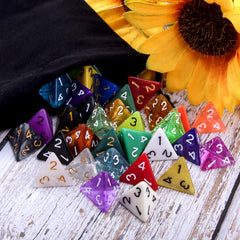 AUSTOR D4 dice display colorful finishes, demonstrating durability and color variety.