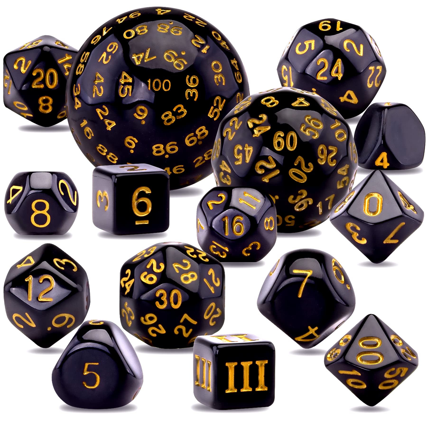 AUSTOR complete 15-piece polyhedral dice set with D3-D100 for RPGs and tabletop play.