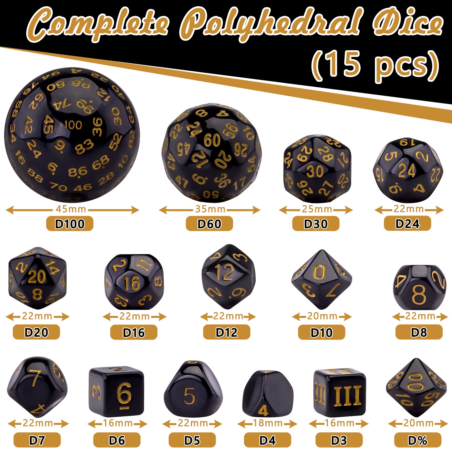 AUSTOR dice D3-D6 face detail with bold yellow engravings for quick reads.