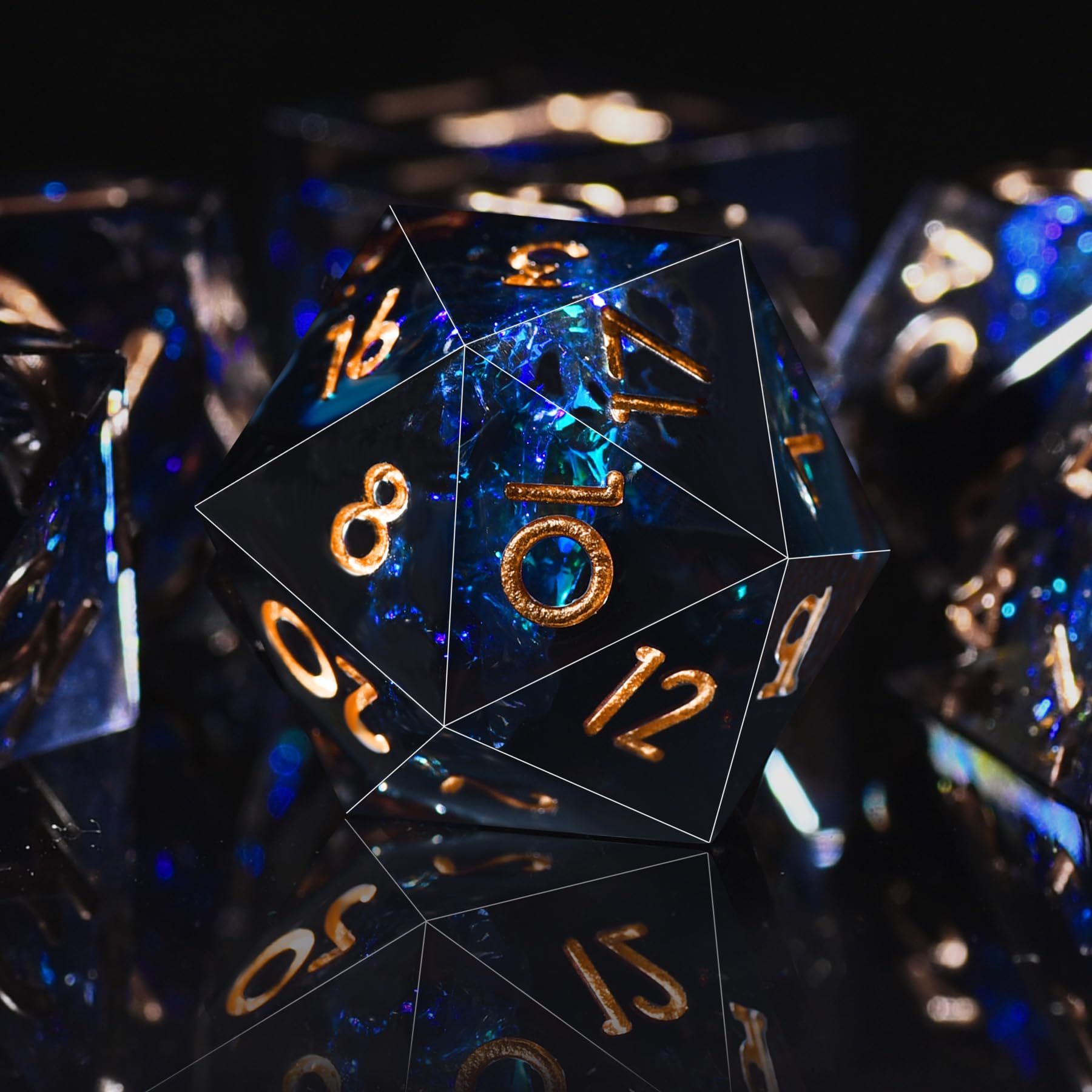 Dice faces display color variation and light-catching effects