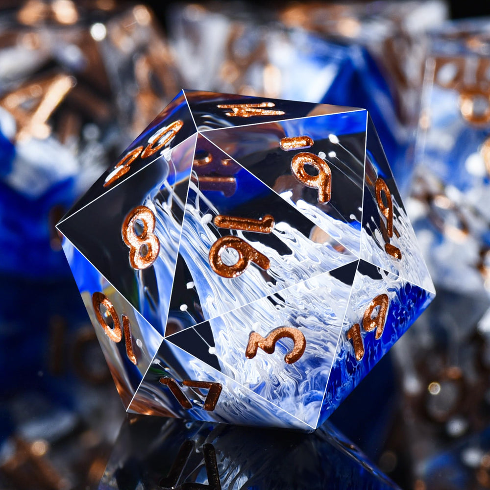 AUSTOR dice with large readable numbers and wave-blue design detail