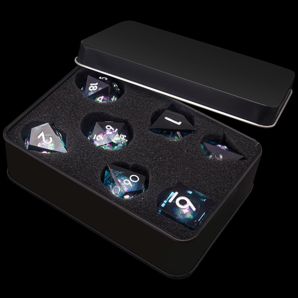 AUSTOR DND dice with PU foam lined storage box for display.