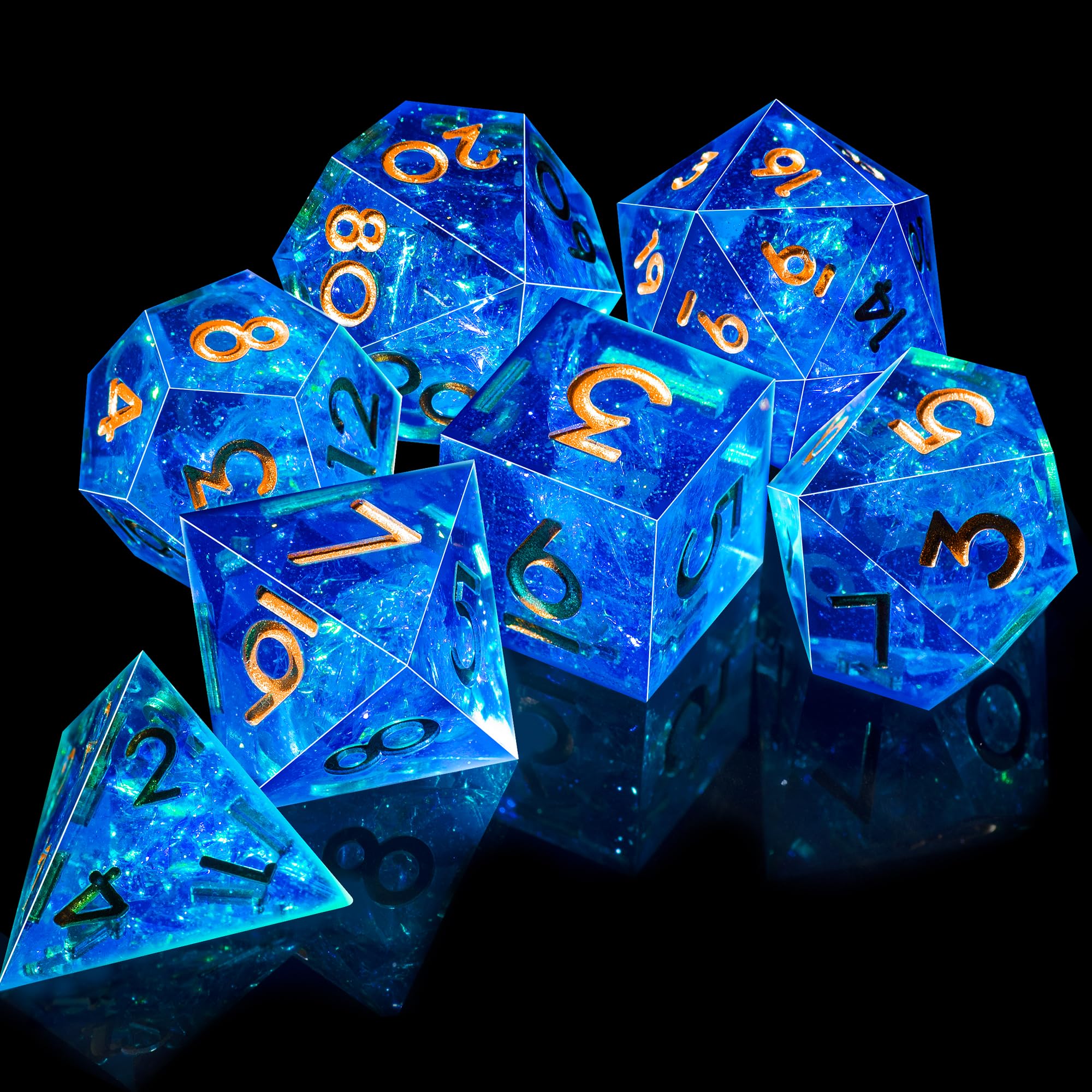 Large, easy-to-read numerals on AUSTOR DND dice with gold foil accents.