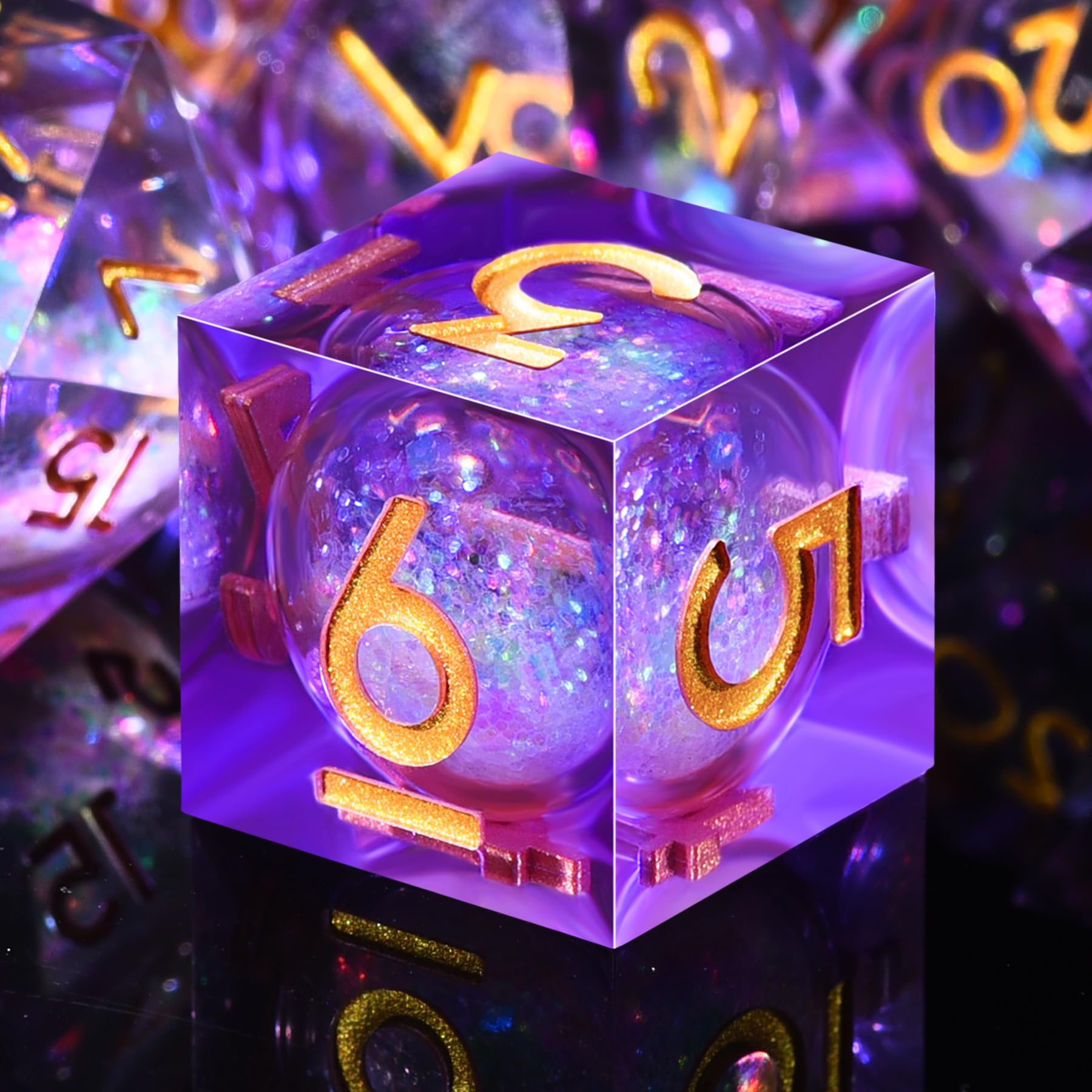AUSTOR violet liquid-core DND dice highlight handmade craftsmanship and eye-catching color