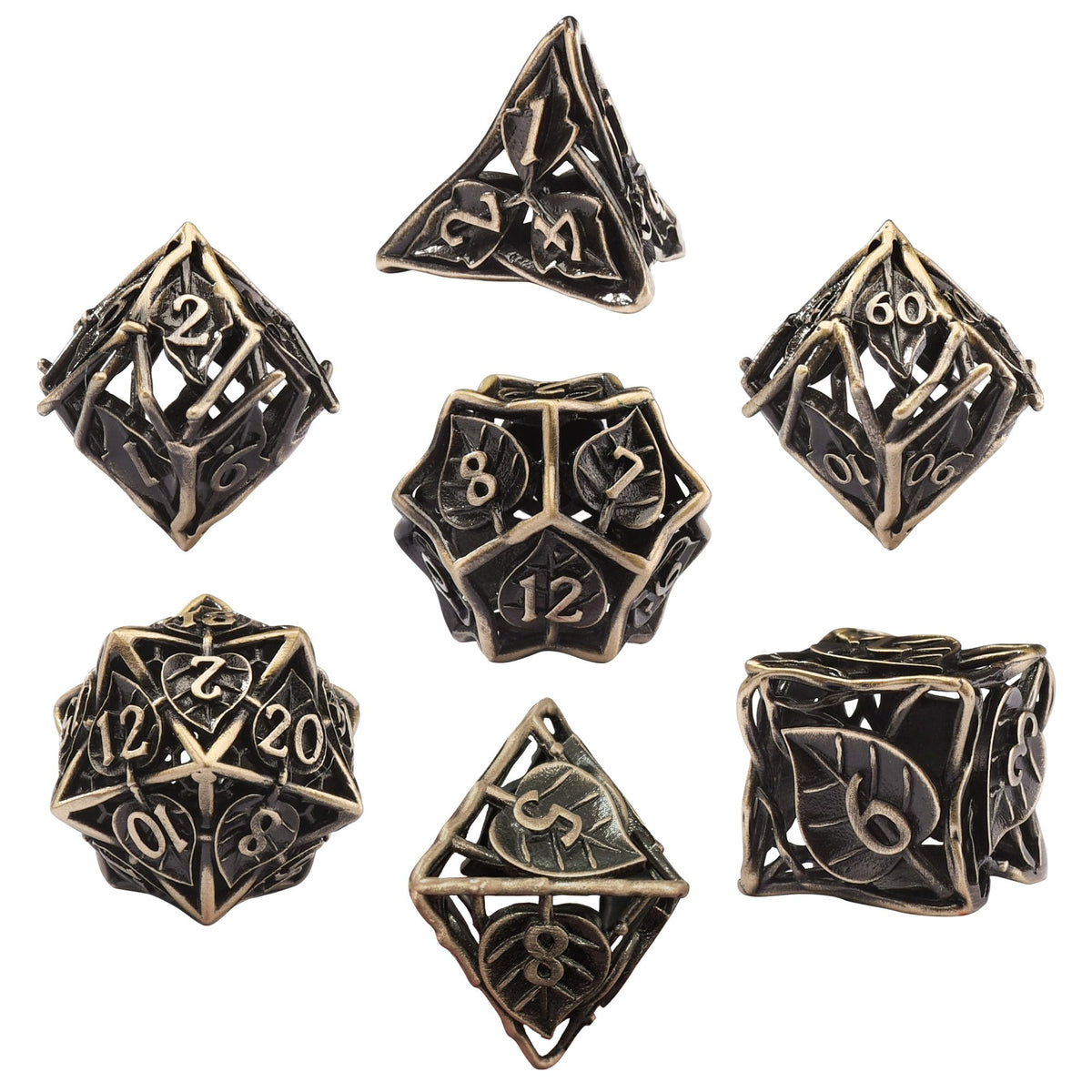 AUSTOR Leaf DND dice set in antique bronze, seven-piece metal set for tabletop RPGs.