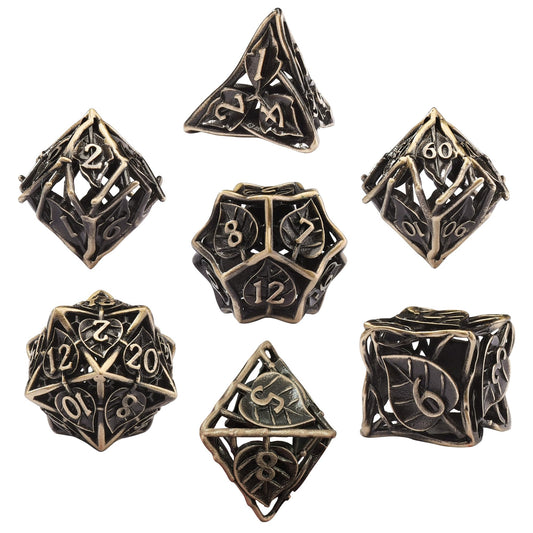 AUSTOR Leaf DND dice set in antique bronze, seven-piece metal set for tabletop RPGs.
