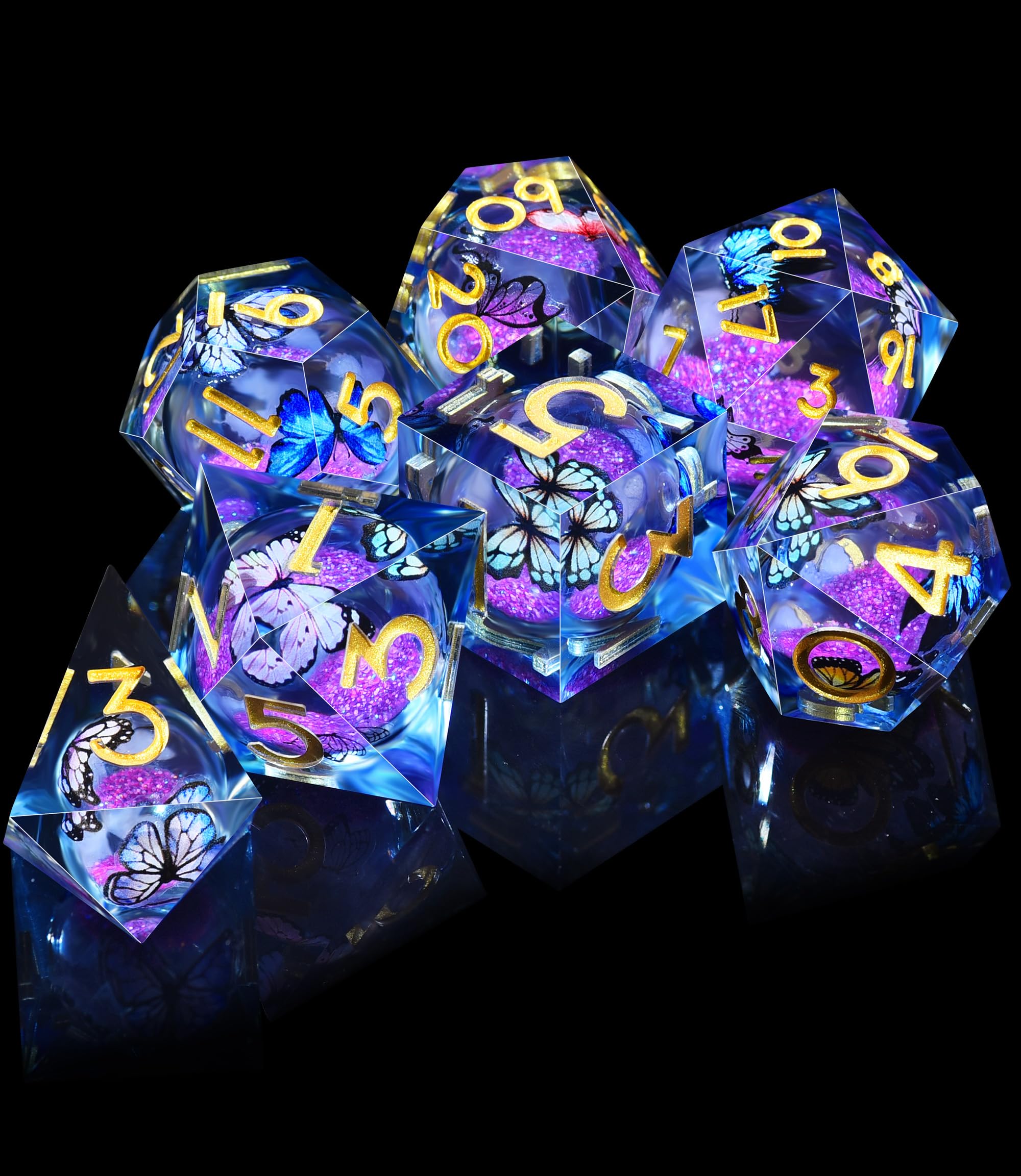 AUSTOR Liquid Core Butterfly D20 dice glows with liquid core for atmospheric nighttime rolls.