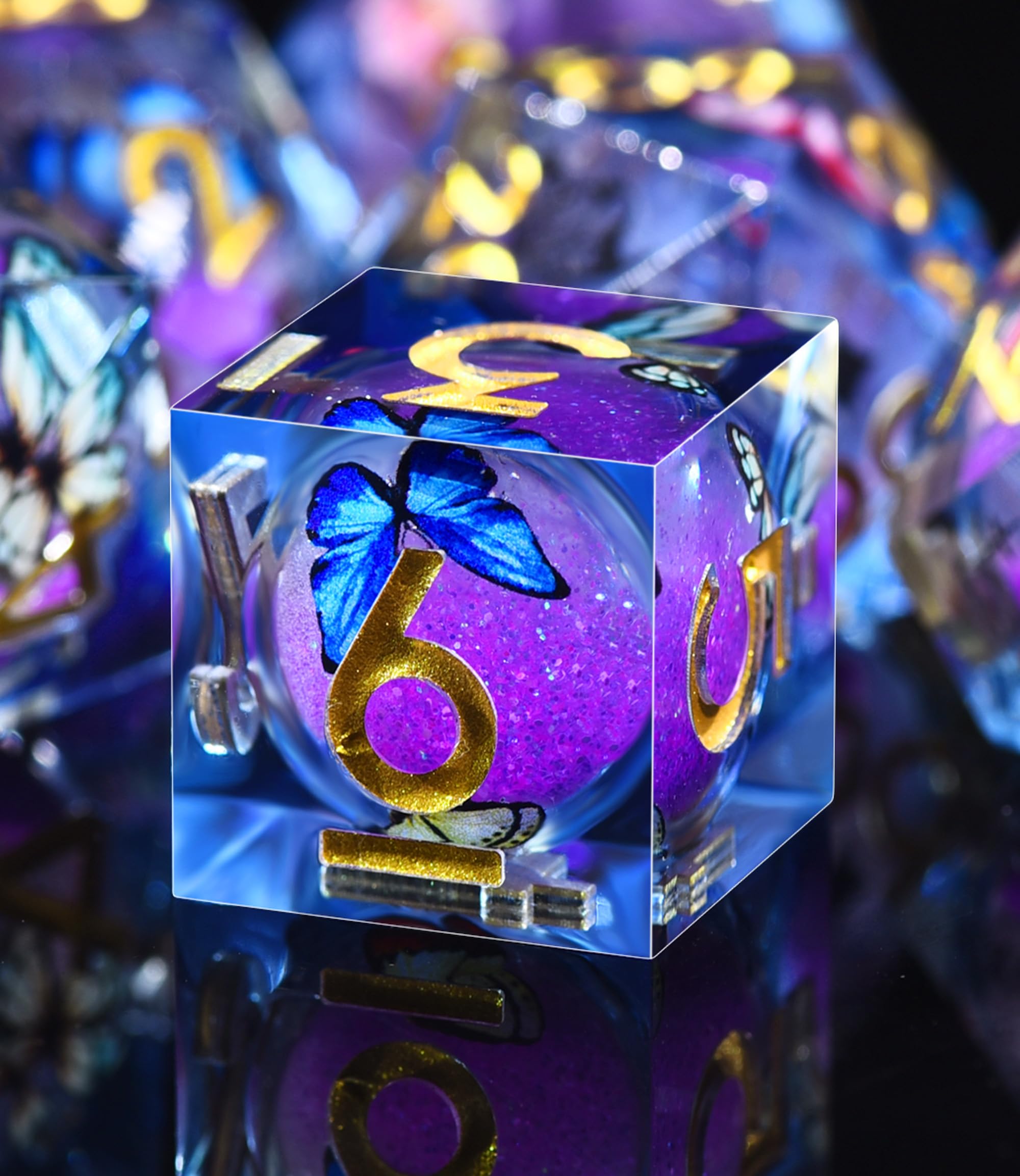 AUSTOR Liquid Core Butterfly D8 dice shown with mirrored finish for dramatic visuals.