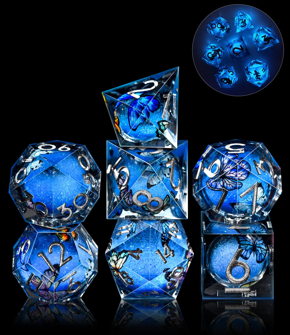 AUSTOR liquid core butterfly DND dice set front view, ideal for display and tabletop sessions.