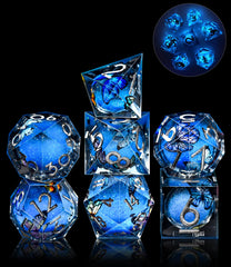 AUSTOR liquid core butterfly DND dice set front view, ideal for display and tabletop sessions.