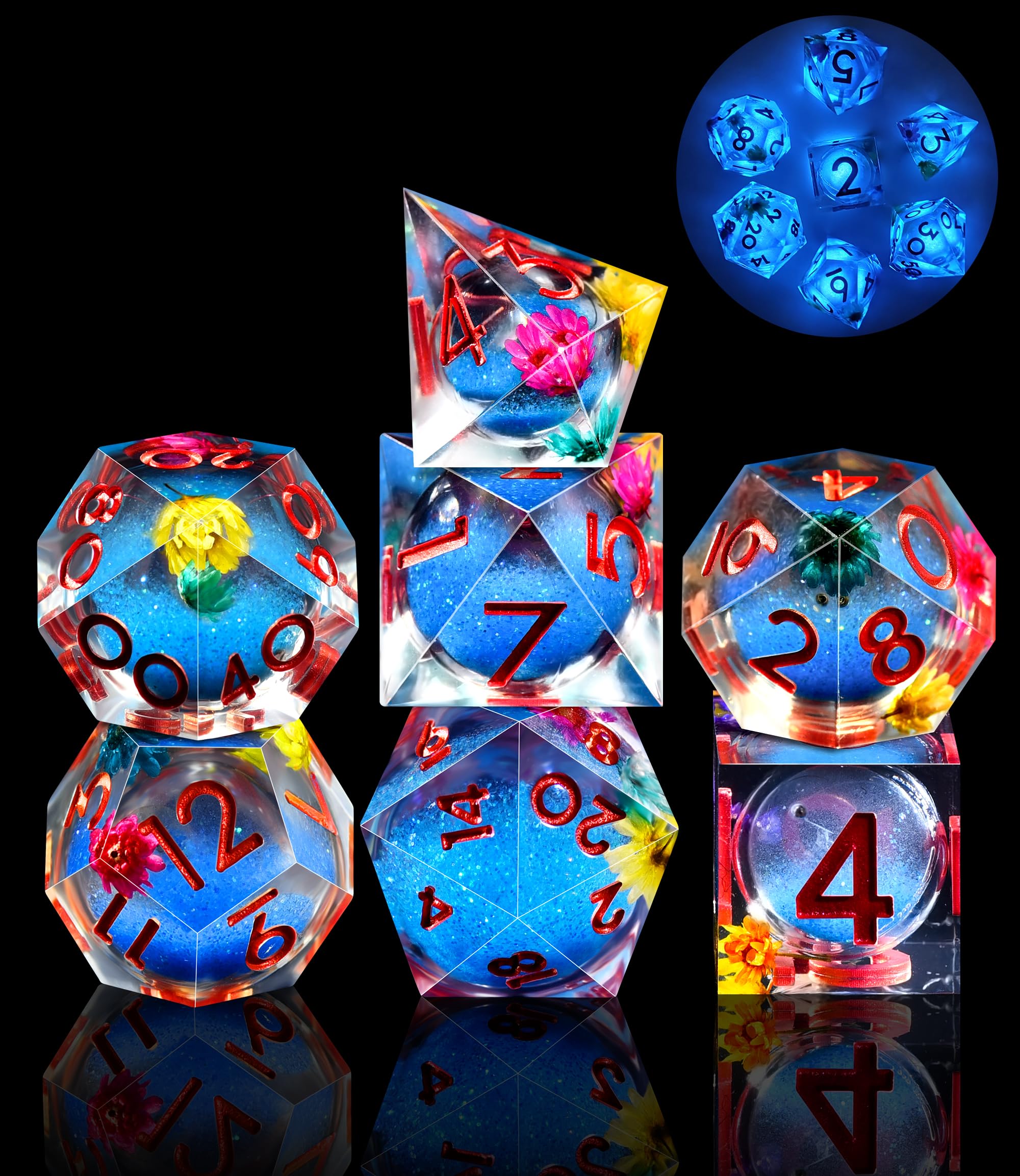 AUSTOR liquid-core dice full set glows for tabletop RPGs.