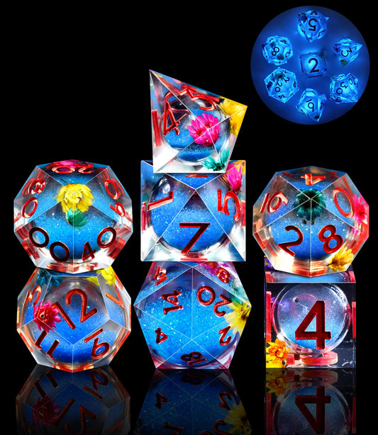 AUSTOR liquid-core dice full set glows for tabletop RPGs.