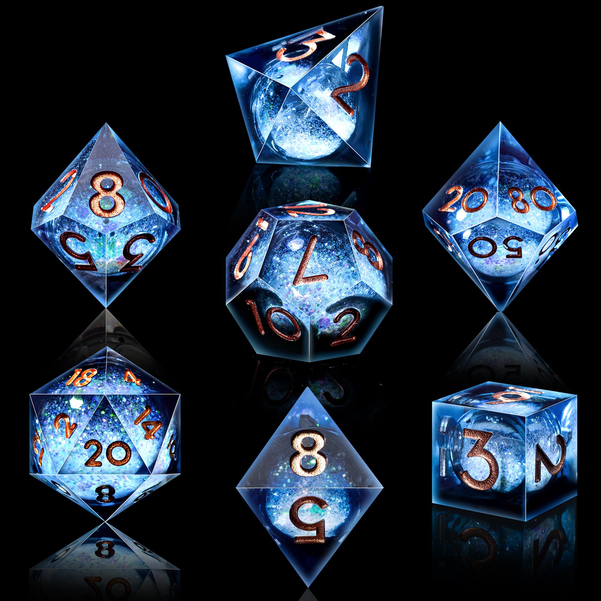 AUSTOR D20 die close-up with vivid blue and gold reflections