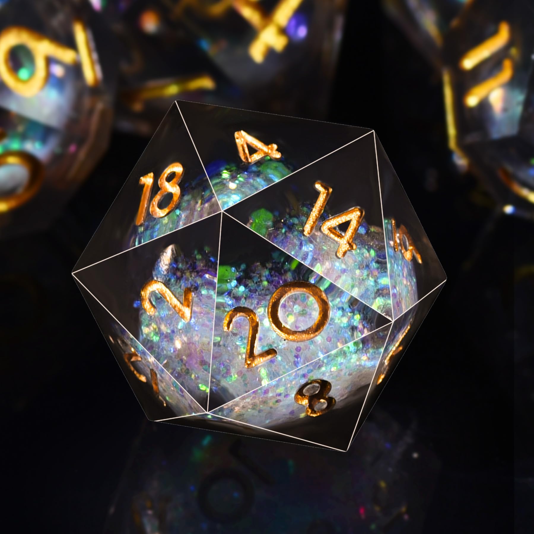 AUSTOR liquid-core DND dice set in black with quicksand effect and polished edges for tabletop RPGs.