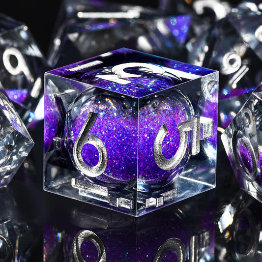 AUSTOR liquid core DND dice on display with a metal box for organization.