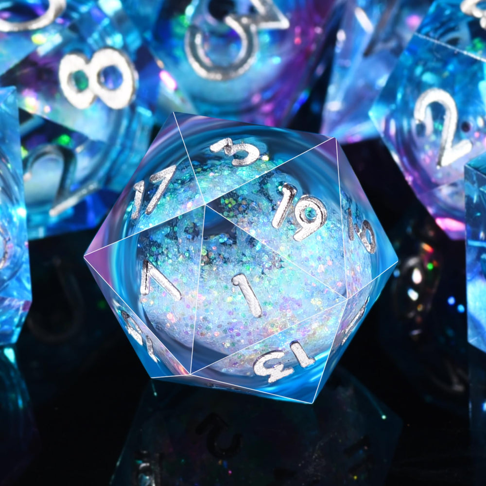 AUSTOR liquid-core DND dice set, seven-piece display in blue and violet for RPG sessions.