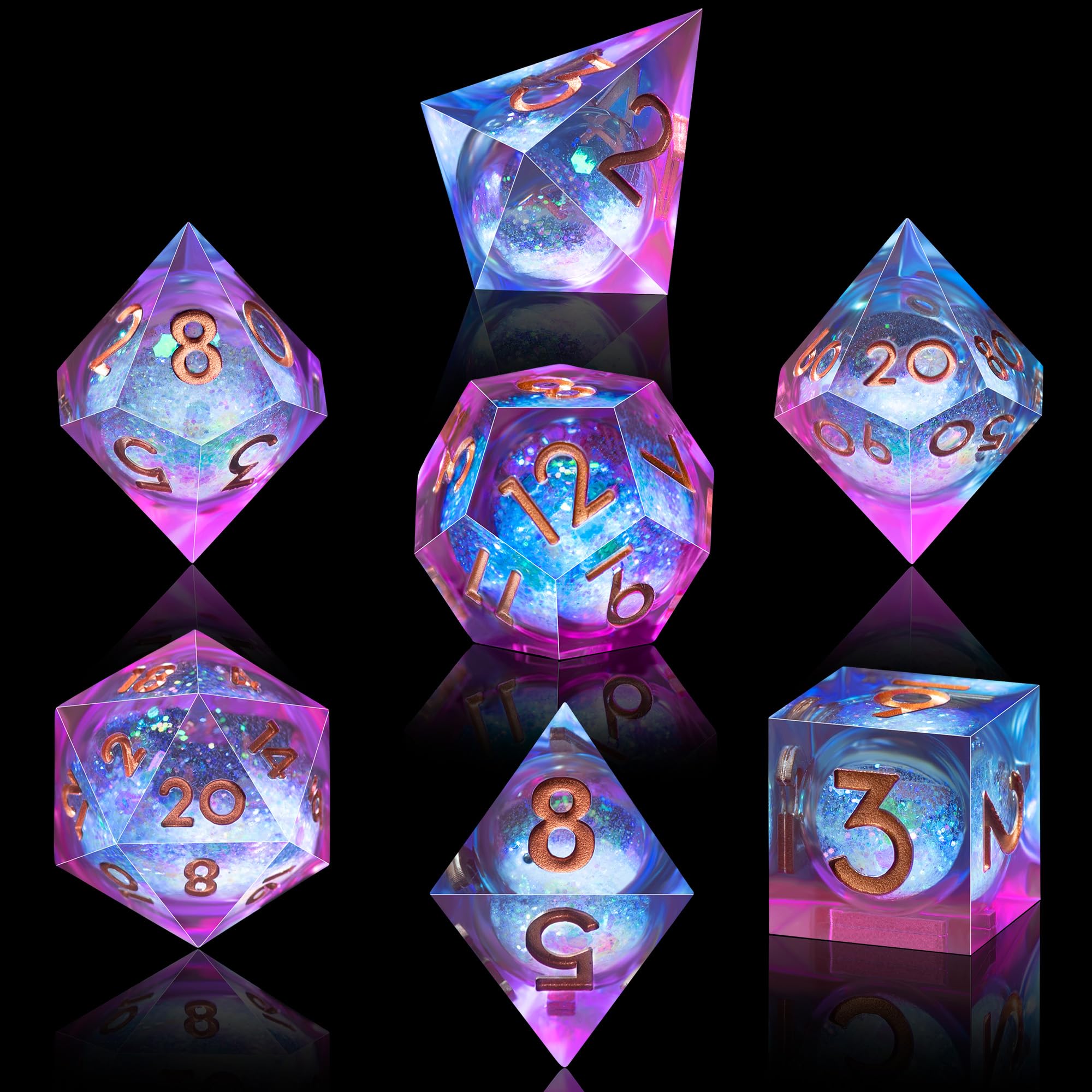 AUSTOR D20 blue-violet liquid core dice showcase mesmerizing quicksand visuals.