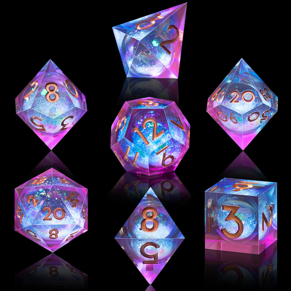 AUSTOR D20 blue-violet liquid core dice showcase mesmerizing quicksand visuals.