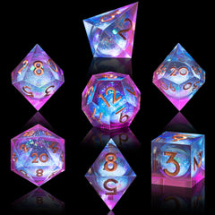 AUSTOR D20 blue-violet liquid core dice showcase mesmerizing quicksand visuals.