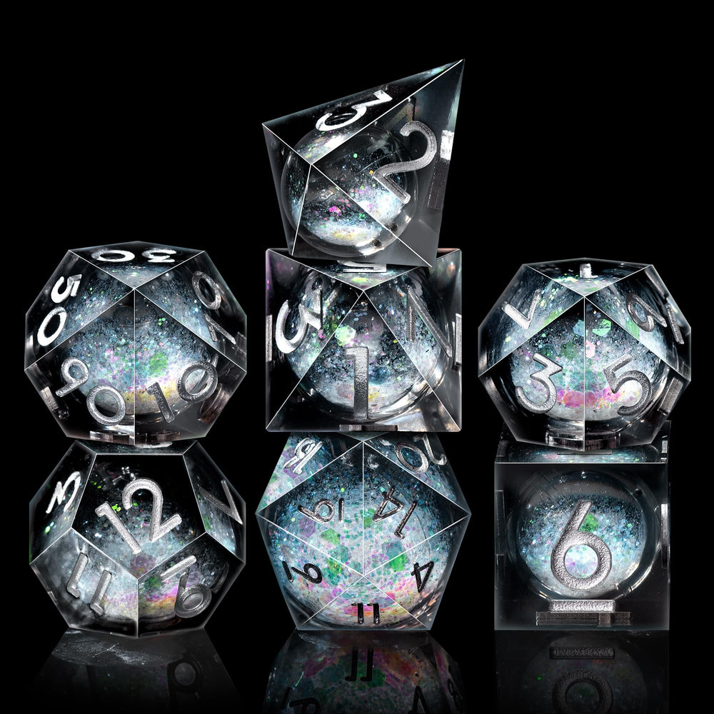 Close-up of the quicksand liquid core inside AUSTOR dice during a roll