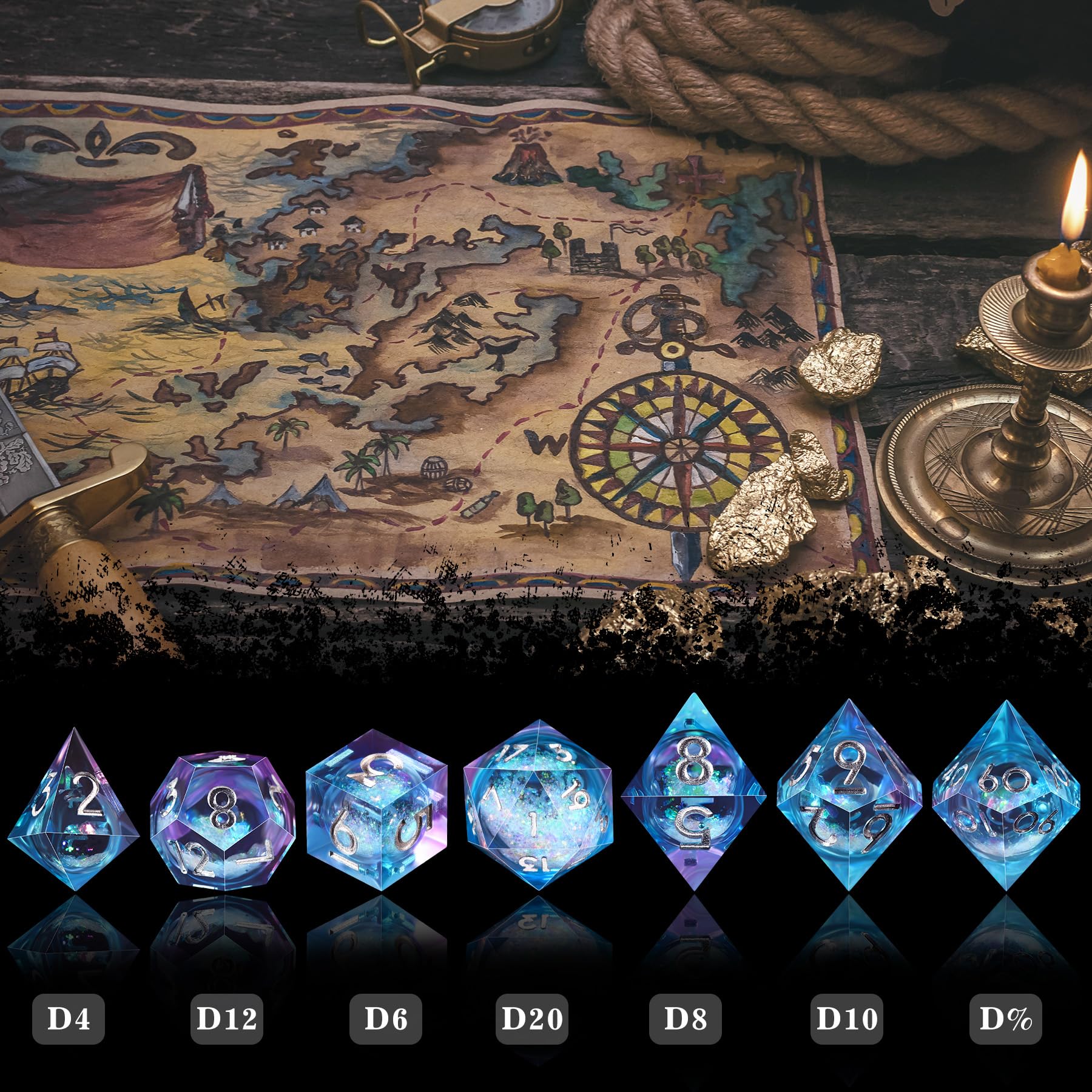 Liquid core quicksand effect visible during rolling on blue dice.
