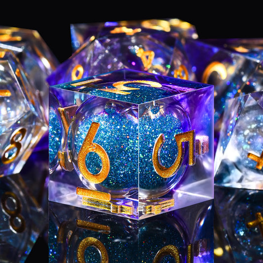 AUSTOR liquid-core DND dice set, seven pieces in violet and blue for immersive play