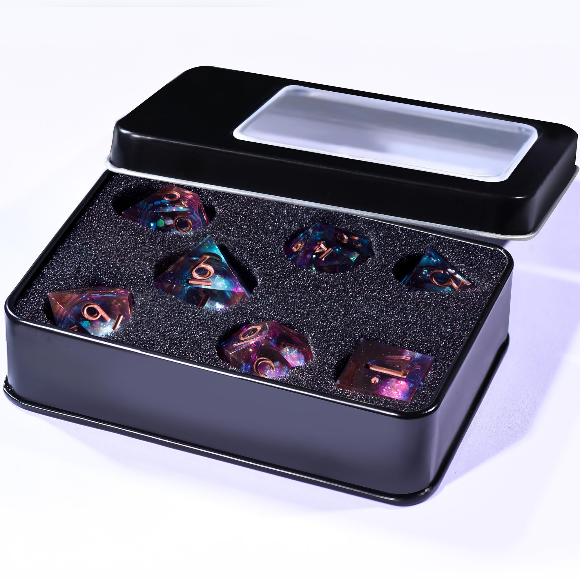 AUSTOR storage box with foam liner keeps dice organized and protected.