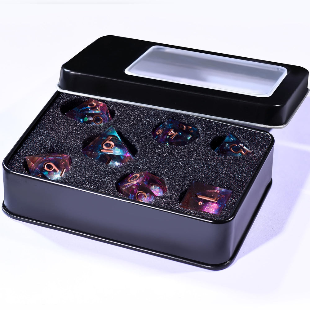 AUSTOR storage box with foam liner keeps dice organized and protected.
