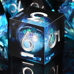 AUSTOR liquid core dice displaying floating visuals from different angles during roll.