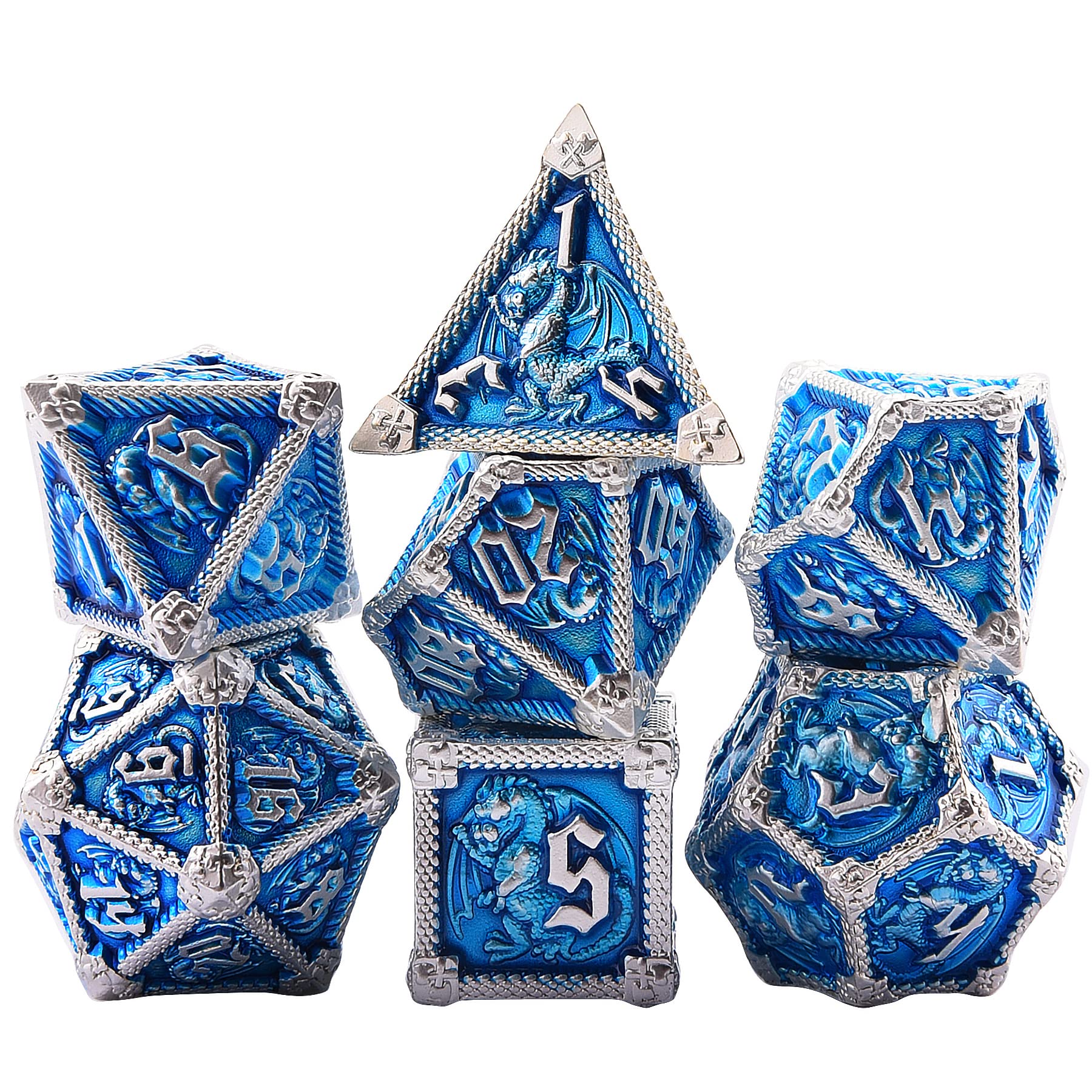 AUSTOR metal DND dice with dragon theme showcases craftsmanship and eye-catching detail.