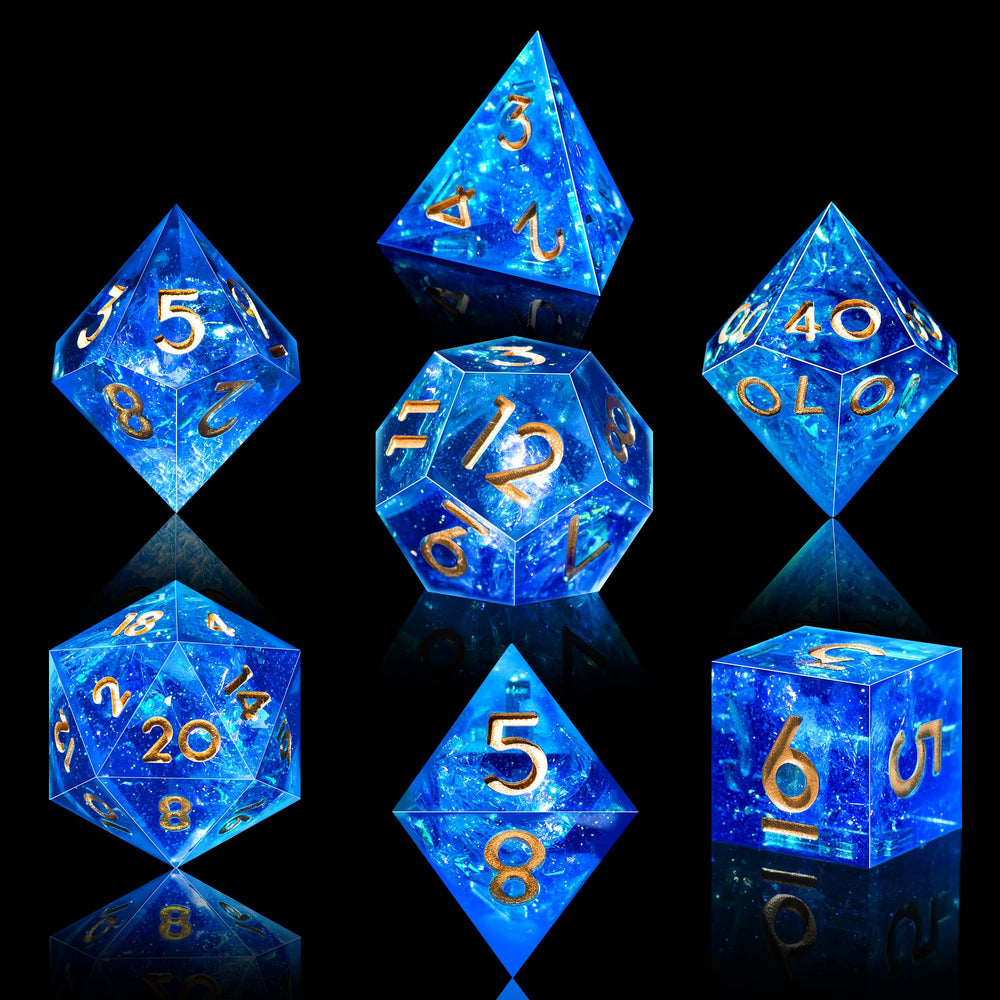 Natural resin detail of AUSTOR DND dice emphasizing eco-friendly materials.