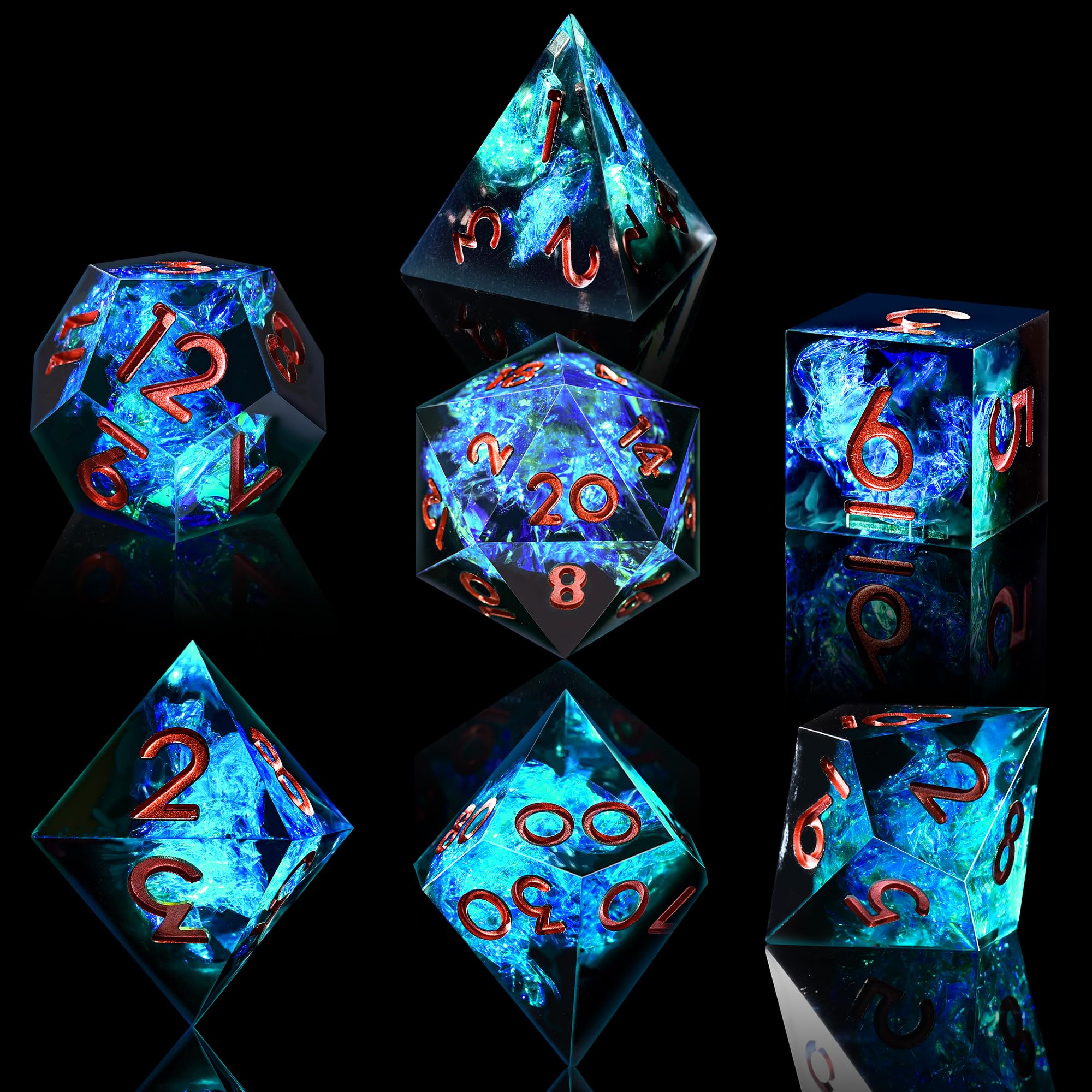 AUSTOR sharp-edge seven-die DND dice with mirror finish for dramatic rolls and readability