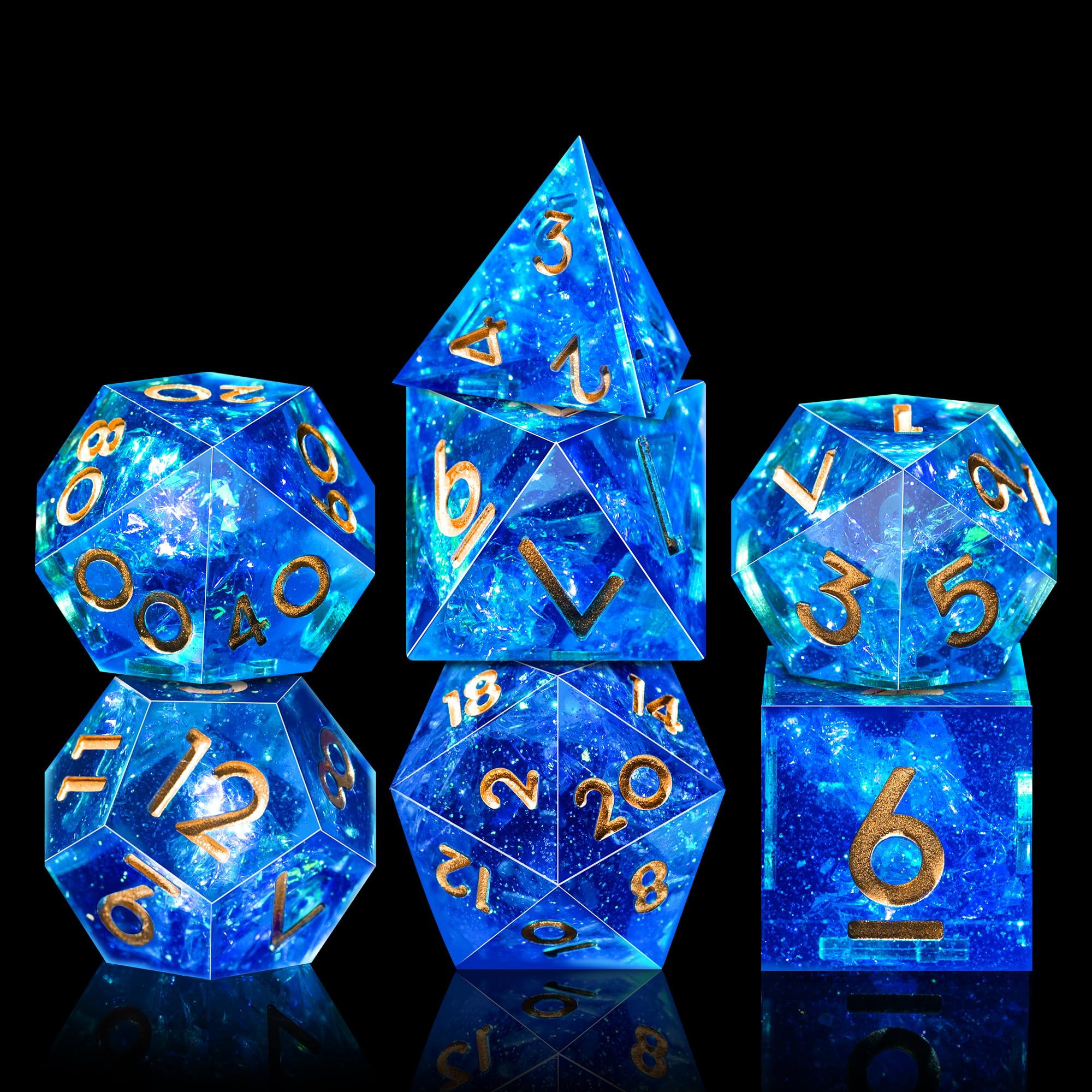 Close-up of AUSTOR sharp-edge DND dice showing mirror finish and precise edges.