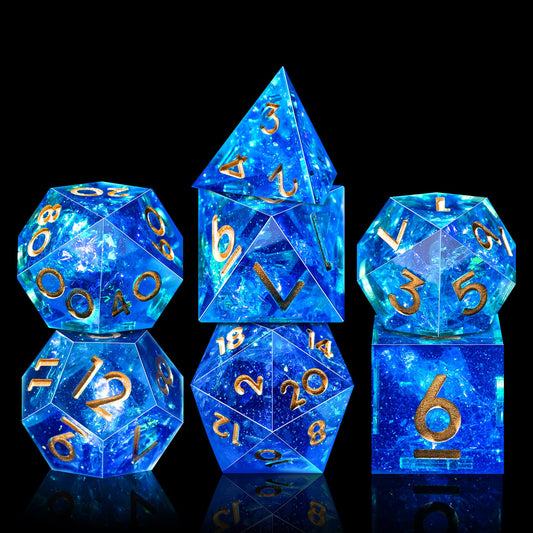 Close-up of AUSTOR sharp-edge DND dice showing mirror finish and precise edges.
