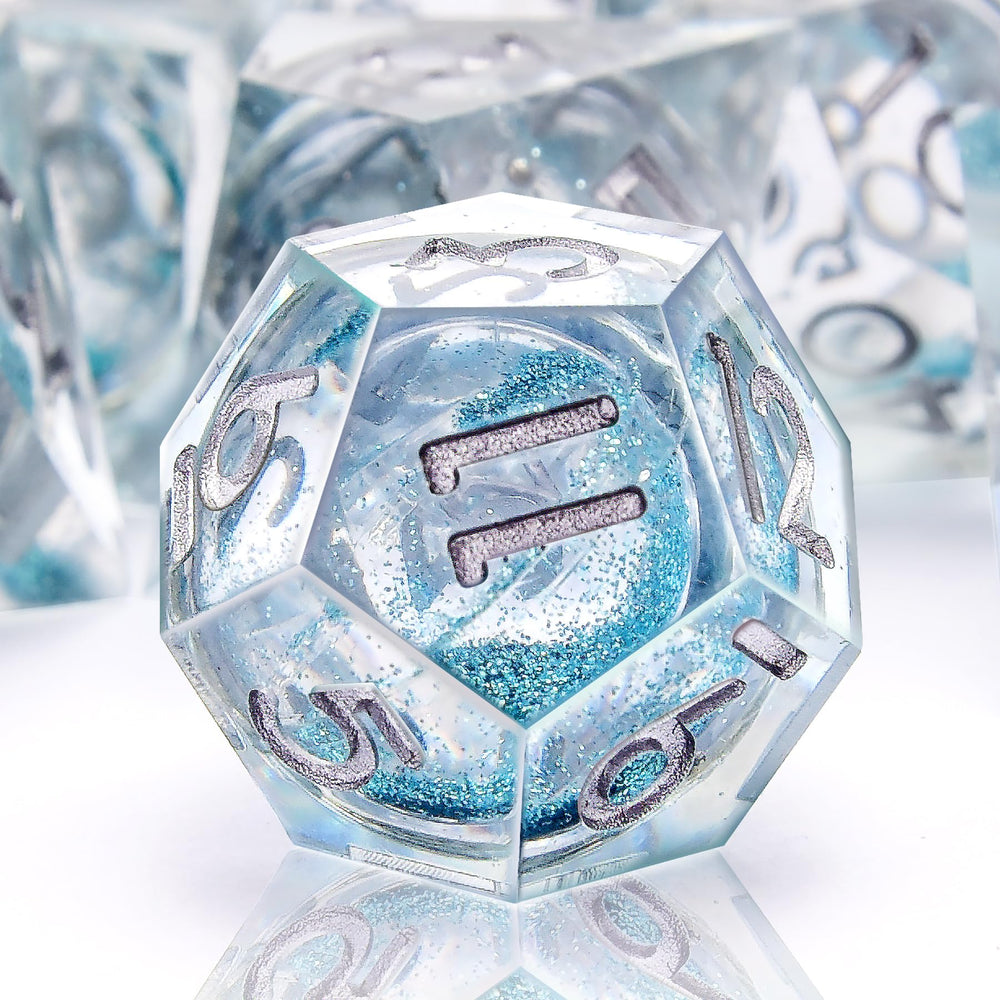 AUSTOR sharp-edge DND dice in liquid quicksand blue with vivid color play for immersive gameplay.