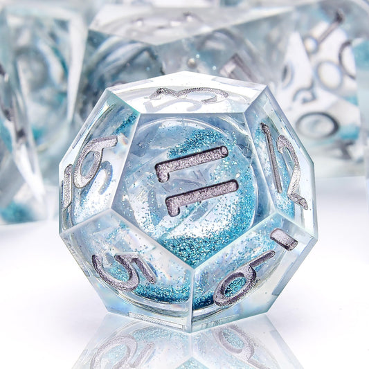 AUSTOR sharp-edge DND dice in liquid quicksand blue with vivid color play for immersive gameplay.