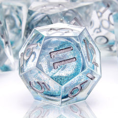AUSTOR sharp-edge DND dice in liquid quicksand blue with vivid color play for immersive gameplay.