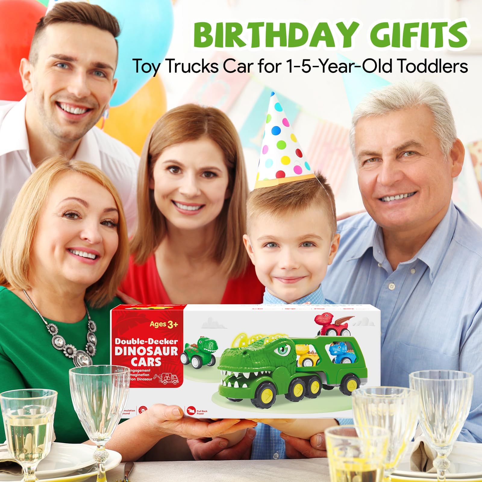 AUTGA gift-ready dinosaur truck set for birthdays or holidays.
