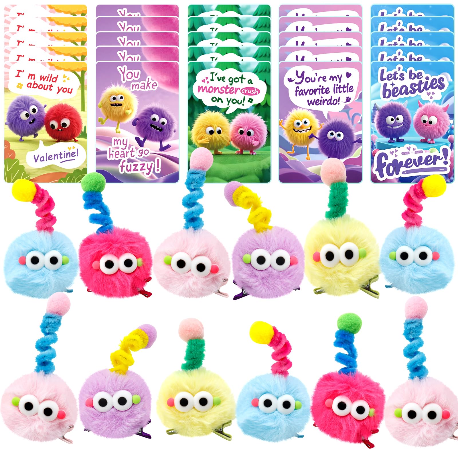 AUUGUU valentines monster cards and clips set for classroom exchanges
