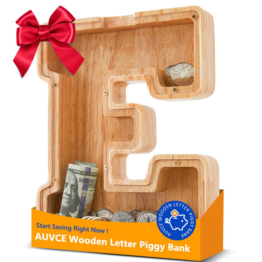 Auvce wooden initial piggy bank front view shows durable kid-friendly design