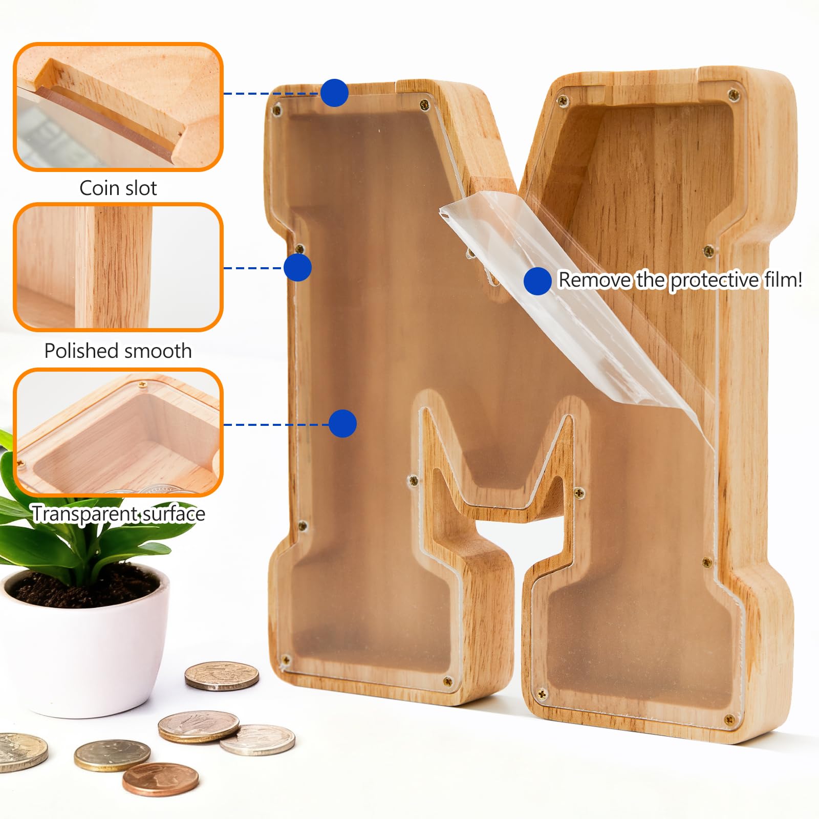Auvce wooden piggy bank side view with rounded safety corners