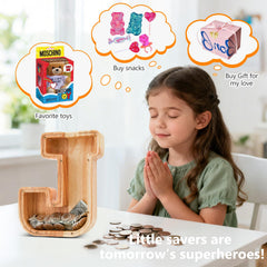 Auvce large capacity wooden piggy bank for longer savings.