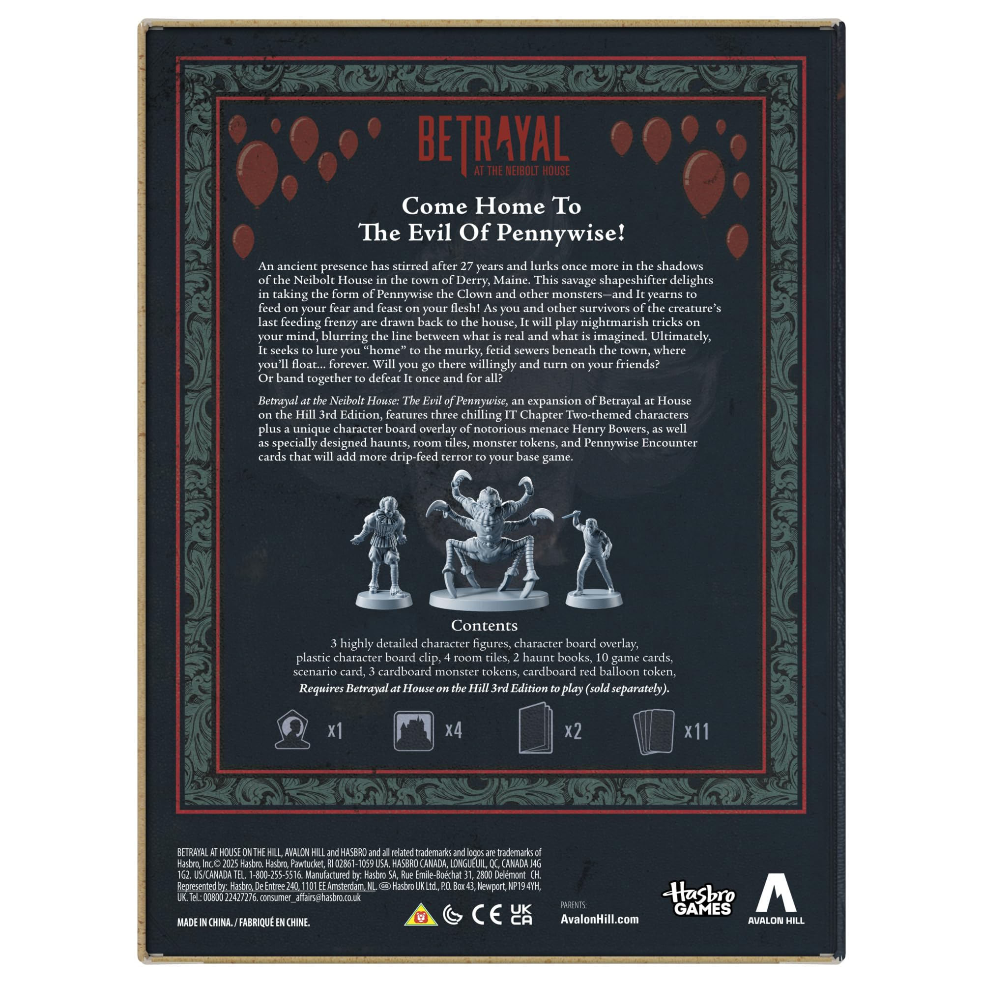 Avalon Hill Betrayal Neibolt House haunts and cards add suspenseful encounters.